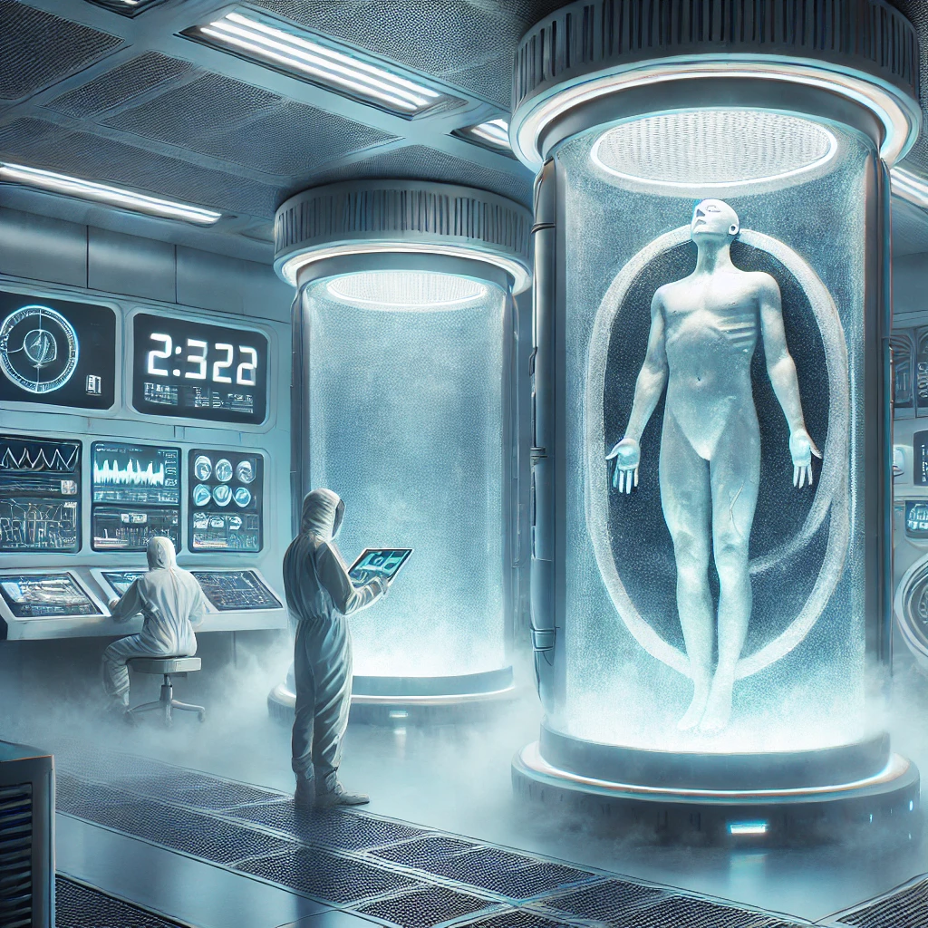 DALL·E 2025-03-10 05.02.00 - A futuristic cryonics laboratory with large cylindrical cryo tanks emitting a cold mist. A preserved human body is visible inside one of the tanks, il