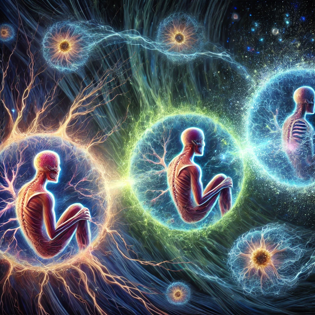 DALL·E 2025-03-14 11.41.29 - An artistic depiction of the 'third state' between life and death, showing human cells glowing with bioelectric energy, repairing themselves and formi
