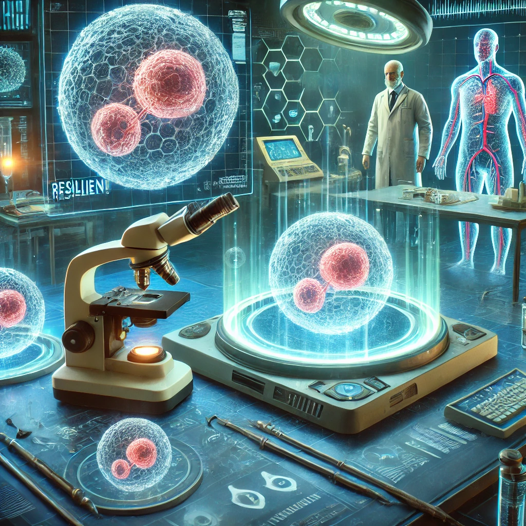DALL·E 2025-03-14 11.43.32 - An illustration of a futuristic medical lab where scientists are studying resilient human cells under a high-powered microscope. The cells, shown on a